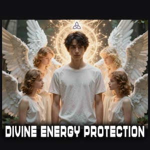 May include: An artistic digital image featuring a young person in a white t-shirt, surrounded by figures with angel wings. The image has a glowing aura and the text "DIVINE ENERGY PROTECTION" at the bottom.