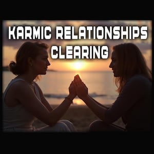 Może przedstawiać: Dwie kobiety, zwrócone do siebie twarzami, dotykające się dłońmi, na tle zachodu słońca nad morzem. Obraz zawiera tekst "KARMIC RELATIONSHIPS CLEARING" w białej, pogrubionej czcionce u góry.
