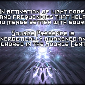 May include: Abstract digital art with text. The image features a luminous, geometric design in shades of purple and white. Text reads: "AN ACTIVATION OF LIGHT CODES AND FREQUENCIES THAT HELP YOU MERGE BETTER WITH SOURCE. SOURCE PRESENCE IS ENERGETICALLY AWAKENED AND ANCHORED IN THE SOURCE CENTRE."