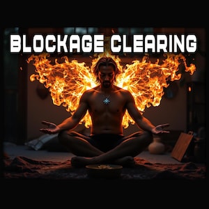 May include: A man sits in a meditative pose with flames behind him, creating the appearance of wings. The text "BLOCKAGE CLEARING" is displayed above him.