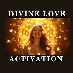 Pode incluir: Uma mulher com cabelo longo e loiro sorri com os olhos fechados enquanto está em frente a um fundo dourado com corações caindo ao seu redor. O texto "DIVINE LOVE ACTIVATION" está na parte superior e inferior da imagem.
