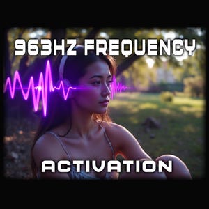 Könnte beinhalten: Eine Frau mit weißen Kopfhörern und einer violetten Schallwelle, die von ihnen ausgeht. Der Text "963Hz Frequency Activation" wird in weißen Blockbuchstaben über und unter der Frau angezeigt.
