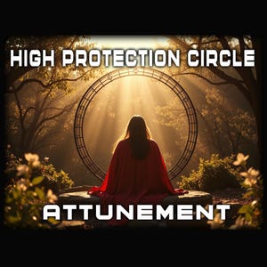 Puede incluir: Una persona con una capa roja se sienta frente a una gran estructura circular con las palabras "HIGH PROTECTION CIRCLE" y "ATTUNEMENT" en texto blanco. El fondo presenta una escena de bosque soleado con árboles y follaje.