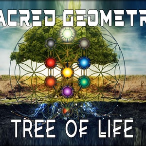 May include: A colorful geometric tree of life design with a green tree in the background. The design features a circle with a flower of life pattern and a tree with roots and branches. The tree has 10 colorful orbs, each representing a different chakra. The text "Sacred Geometry" is at the top of the image and "Tree of Life" is at the bottom.