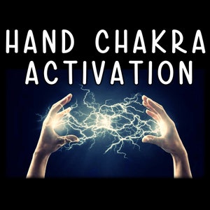 May include: Two hands facing each other with white lightning bolts between them. The text "HAND CHAKRA ACTIVATION" is at the top of the image.