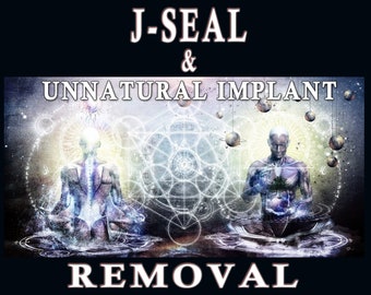 Puede incluir: Obra de arte digital con el texto "J-SEAL & UNNATURAL IMPLANT REMOVAL". La imagen presenta dos figuras humanas en poses meditativas, rodeadas de diseños celestiales y geométricos, con planetas flotantes.