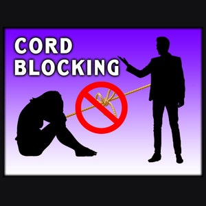 Może przedstawiać: Obraz z napisem "CORD BLOCKING". Obecne są sylwetki dwóch osób, jedna siedząca, druga stojąca. Czerwone koło z linią przebiega przez złotą linę.
