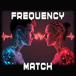 May include: Digital art featuring two profiles facing each other, with a network of lines and dots overlaying their faces. The word "FREQUENCY" is at the top, and "MATCH" is at the bottom, both in white, bold font. A red and blue color scheme is used.