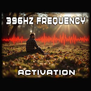May include: Image featuring the text "396Hz Frequency Activation" in white block letters. A red sound wave graphic is superimposed over a person sitting in a grassy area with trees in the background. The person is wearing a plaid shirt.