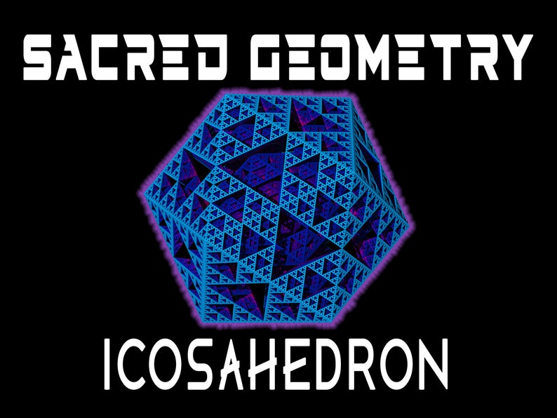 May include: A blue and purple 3D icosahedron with a fractal pattern. The image is titled "Sacred Geometry Icosahedron".