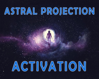 May include: A silhouette of a person walking through a swirling purple and white nebula with the text "ASTRAL PROJECTION ACTIVATION" in blue letters.