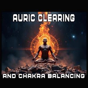May include: Digital art depicting a meditating figure with an orange aura and a fiery background. The text "AURIC CLEARING AND CHAKRA BALANCING" is displayed in white block letters.