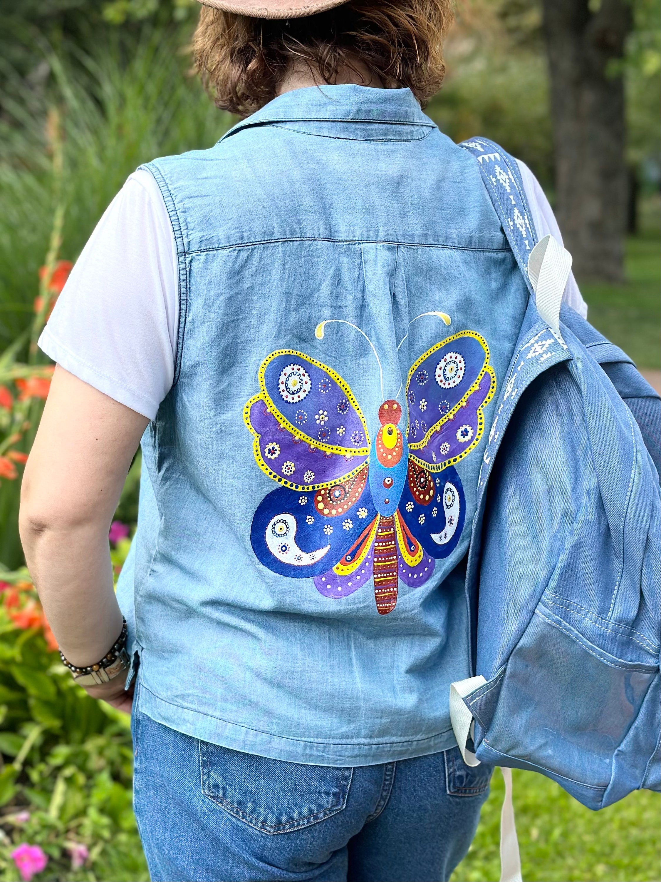 Boho Style Denim Vest With Hand-painted Butterfly, Custom Women's