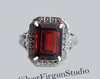 Natural Garnet Ring – 925 Sterling Silver Vintage Art Deco Style Red Rectangle Gemstone Ring, Handmade Gift for Her