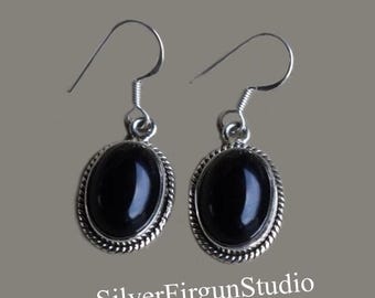 Oval Black Onyx Earrings: Handmade 925 Sterling Silver Boho Jewelry