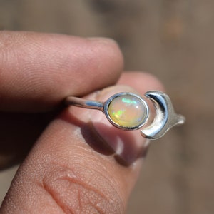 Natural Ethiopian Opal Ring, Sterling Silver Ring, Adjustable Silver, Cresent Moon Ring, Handmade Ring, Artisan Silver Ring, Half Moon Ring
