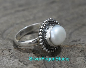 Natürliche Perle Ring-Handgemachte Silber Ring 925 Massiv Sterling Silber Ring-Runde Süßwasser Perle Ring-Geschenk für sie-Versprechen Ring-Juni Geburtsstein