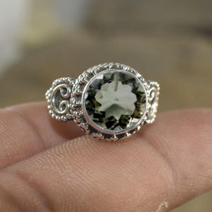 Natural Green Amethyst Ring ,925 Sterling Silver, Round Gemstone Filigree Spiral Statement Ring ,Christmas Gift
