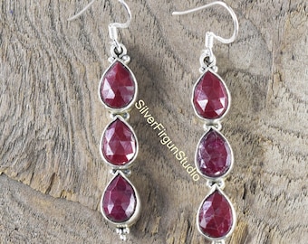 Natural Dyed Ruby Gemstone Earring,925-Sterling Silver Earring,Wedding Earring,Antique Silver Earring,Anniversary Gift Earring