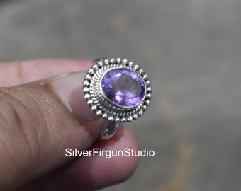 Anello in argento sterling massiccio 925 con pietra ovale ametista per donna, anello di design in argento fatto a mano per regali di anniversario di matrimonio, pietra portafortuna