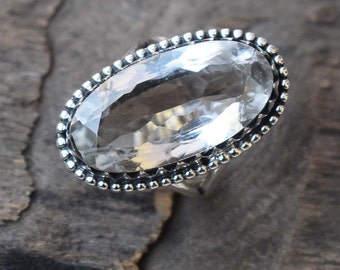 Crystal Quartz Gemstone Silver Ring | 925 Sterling Solid Silver Faceted Cut Oval Shape Stone Ring | Dotted Handmade Ring For Women