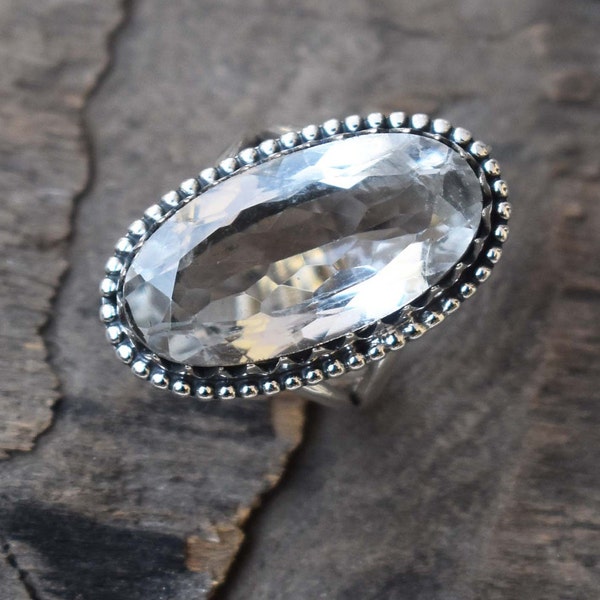 Crystal Quartz Gemstone Silver Ring | 925 Sterling Solid Silver Faceted Cut Oval Shape Stone Ring | Dotted Handmade Ring For Women