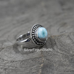 Larimar Ring, Sterling Silver Ring, Blue Stone Ring, Women Silver Ring, Gemstone Round Ring, Ocean Larimar Ring, Larimar Round Ring For Gift