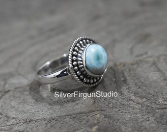 Larimar Ring: Round Blue Gemstone, Sterling Silver Band