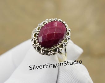 Natural Ruby Oval Ring – 925 Solid Sterling Silver Vintage-Style Faceted Gemstone Ring, Handmade Gift for Her