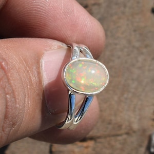 Natural Ethiopian Opal Ring, Silver Ring,Solid 925 Sterling Silver Jewelry, Handmade Ring, Sizable Ring, Rainbow Opal Jewelry, 7 X 9 MM Opal
