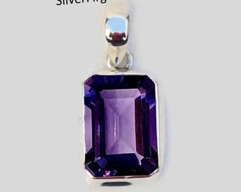 Natural Amethyst Rectangle Pendant – 925 Sterling Silver Handmade Gemstone Necklace, February Birthstone Jewelry, Anniversary Gift for Her
