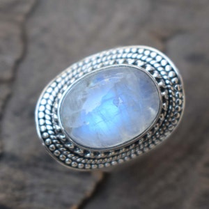Rainbow Moonstone Ring, 925 Solid Sterling Silver Ring, Oval Moonstone Ring, Blue Fire Moonstone Ring, Anniversary Gift, 925 Sterling Silver