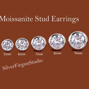 Moissanite Studs Earrings 925 Sterling Silver Butterfly Backs Available in 3mm, 4mm, 5mm ,6mm, 7mm , 8mm Bezel Set Earrings studs