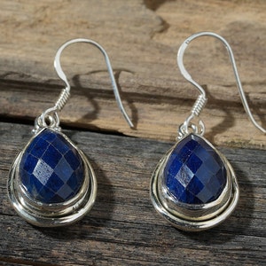Natural Lapis Lazuli Earrings, Lapis Lazuli 10X15mm Pear Gemstone, Gemstone Earrings, 925 Sterling Silver Earrings, Handmade Earrings