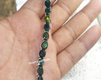 925シルバーブラックオパールブレスレット：マルチファイア