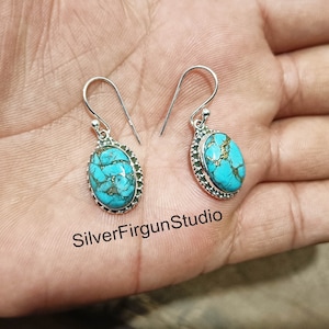Blue Copper Turquoise Oval Shape Gemstone Solid 925 Sterling Silver Earrings For Women,Handmade Silver Earring For Wedding Anniversary Gift