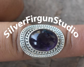 Anello in argento sterling con ametista: pietra preziosa ovale fatta a mano, pietra portafortuna di febbraio