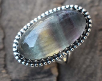 Fluorite Ring, 925 Sterling Silver, Multi Color Fluorite 13X26 mm Long Oval Gemstone Ring, Statement Ring, Silver Ring, Womens Ring Gift
