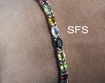 Pulsera de plata de ley con piedras preciosas multicolores: pulsera de tenis de corte ovalado