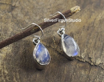Sterling Silver Rainbow Moonstone Earrings: Pear Cabochon Dangle
