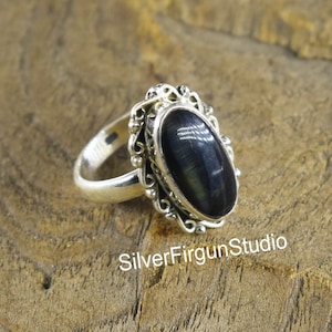 Natural Hawk Eye Ring, Handmade Ring, Sterling Silver Ring, Long Oval Gemstone Ring, Eye of the Tiger, Artisan Silver Ring, Simple Band Ring