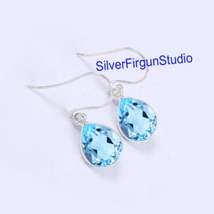Natural Swiss Blue Topaz Earrings, Handmade Earrings, 925 Sterling Silver, Teardrop Blue Topaz Earrings, Gift for her, Dangle-Drop Earrings