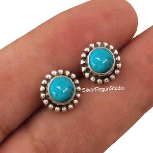 Natural Turquoise Studs Earrings 925 Solid Sterling Silver Stud Earrings For Women,Handmade Round Spiral Silver Stud Turquoise Earrings Gift