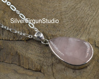 Handmade Rose Quartz 925 Sterling Silver Teardrop Pendant
