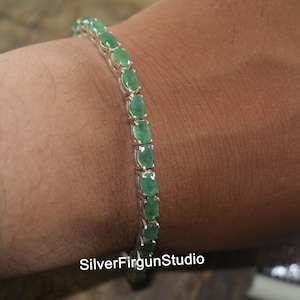 Natural Emerald Bracelet, 925 Sterling Silver, Tennis Bracelet, May Birthstone, Adjustable Bolo Bracelet, Emerald Jewelry, Gift For Her