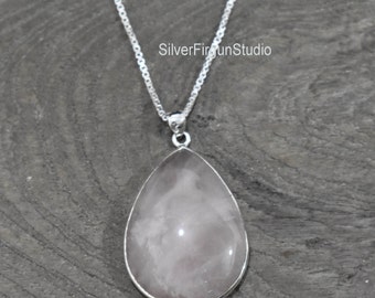 Sterling Silver Rose Quartz Pendant Necklace: Teardrop Gemstone Jewelry