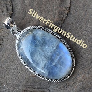 Rainbow Moonstone Silver Pendant: Oval Sterling Silver Bridal Necklace