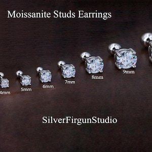 Pendientes de moissanita con cierre de rosca en plata de ley 925 y oro. Disponibles en 3 mm, 4 mm, 5 mm, 6 mm, 7 mm y 8 mm. Juego de seis puntas.