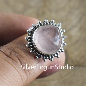 Natural Rose Quartz Ring, 925 Solid Sterling Silver Ring, Pink Ring, Hearts Shape Gemstone Ring, Women Ring, Boho Ring Women , Handmade Ring
