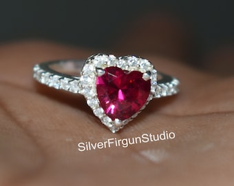 Solitaire Ring Silver, Heart Engagement Ring, Silver Promise Ring, Dainty Proposal Ring, Heart Pink CZ Diamond Ring, Gift For Women